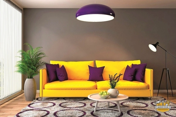 Bố trí màu sắc tường sáng và sofa màu tối